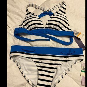 Jag black and white striped bikini with blue trim